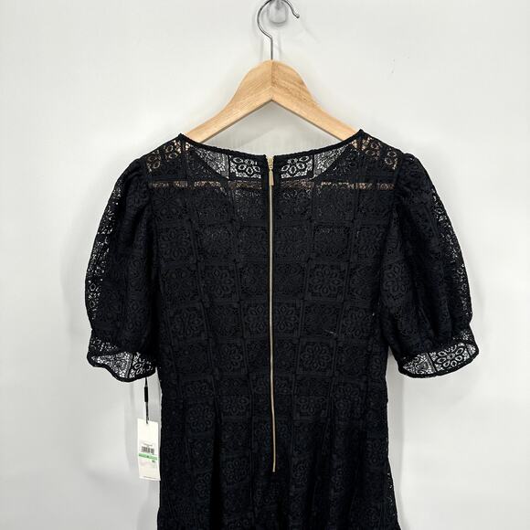 CALVIN KLEIN NWT Black Puff Sleeve Tiered Hem Lace  Dress // 8 - Picture 8 of 14